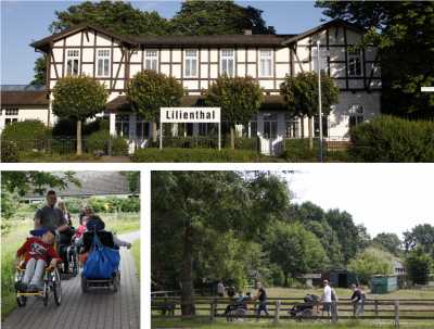 Eine Zusammenstellung verschiedener Motive aus Lilienthal: der alte Bahnhof, Menschen mit und ohne Behinderung machen Ausflüge in die Natur 