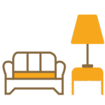 Eine stilisierte Illustration zeigt ein Sofa neben einem kleinen Tisch mit einer Lampe darauf.