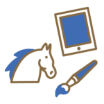 Eine grafische Darstellung zeigt ein Pferdekopf‑Symbol, einen Pinsel und ein Tablet.